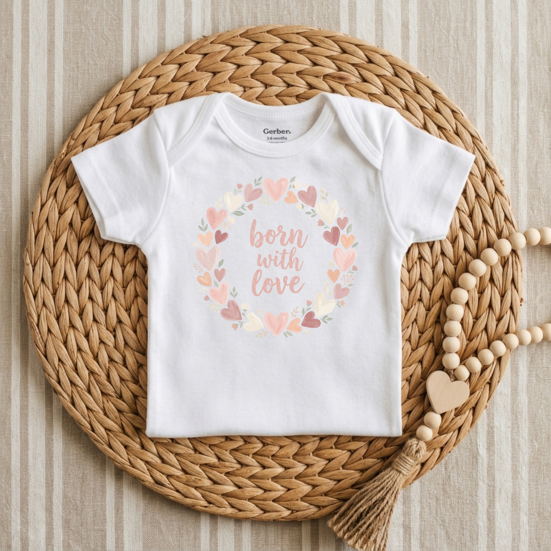 Born With Love Heart Wreath Baby Onesie® in White — Okum Tees