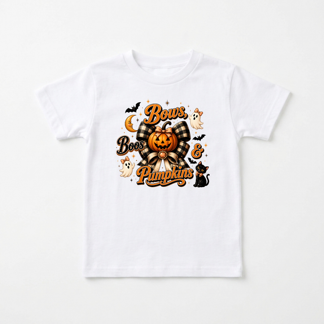 Bows, Boos and Pumpkins Toddler Tee in White — Okum Tees