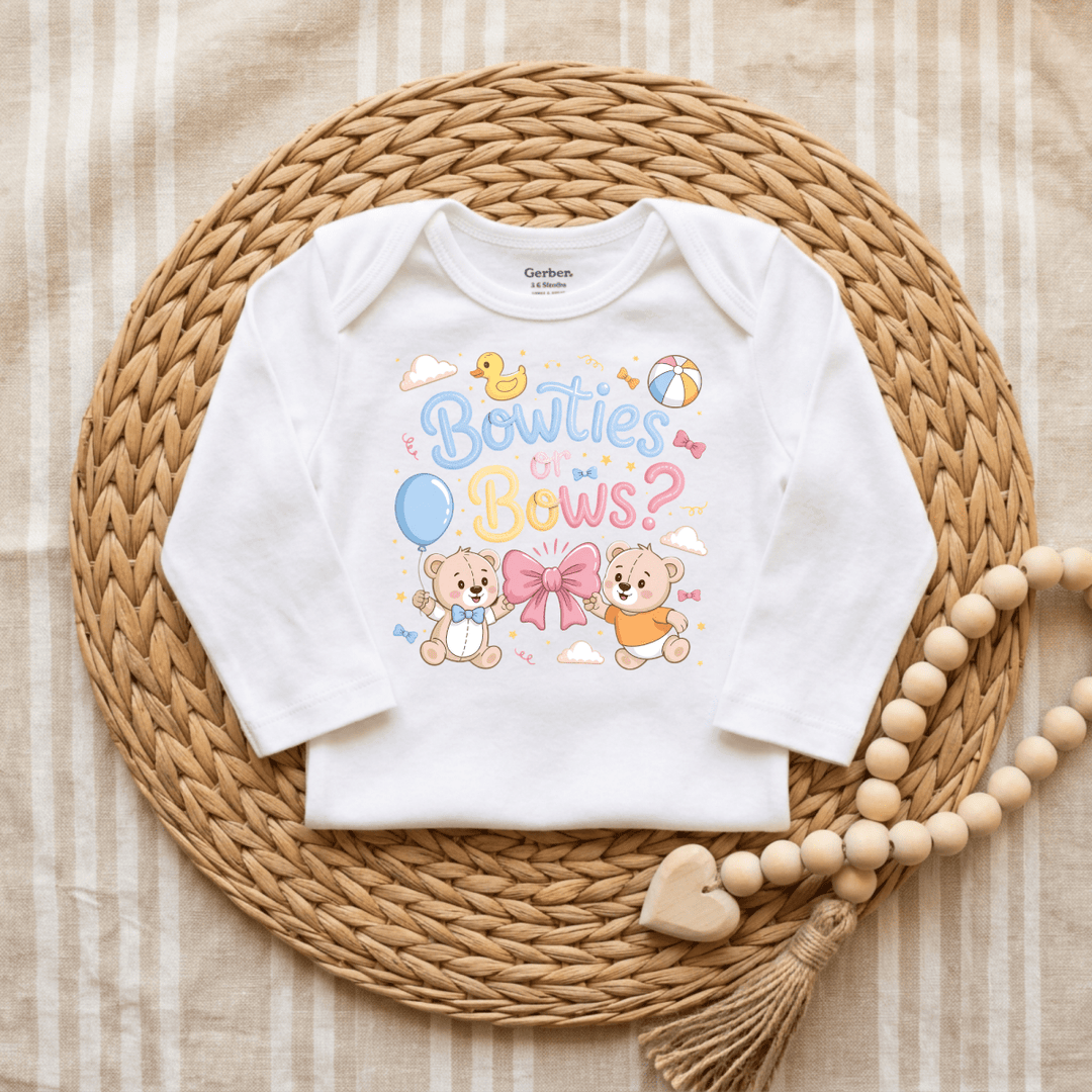 Bowties or Bows Teddy Bear Gender Reveal Baby Onesie® | Cute Baby Gift - Okum Tees