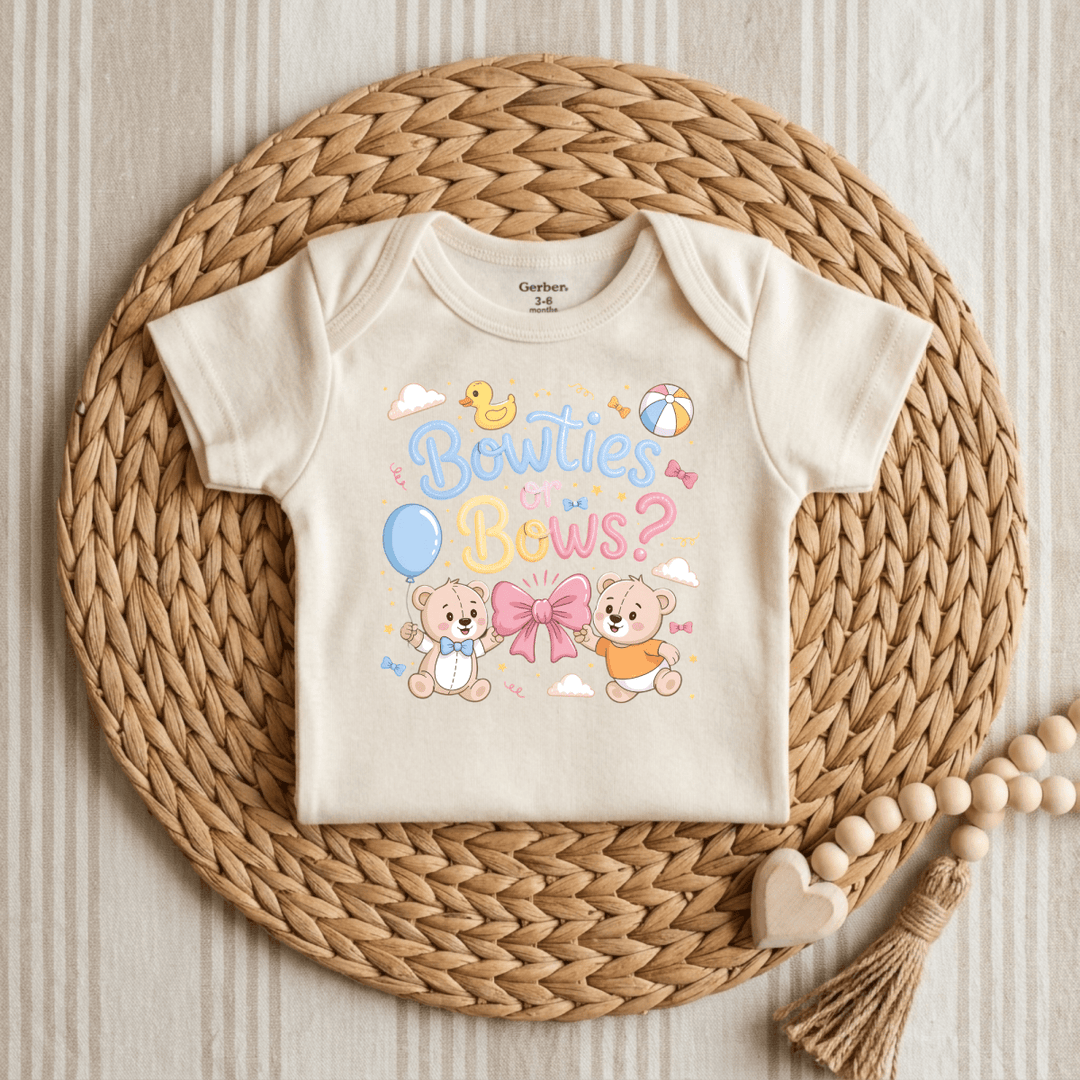 Bowties or Bows Teddy Bear Gender Reveal Baby Onesie® | Cute Baby Gift - Okum Tees
