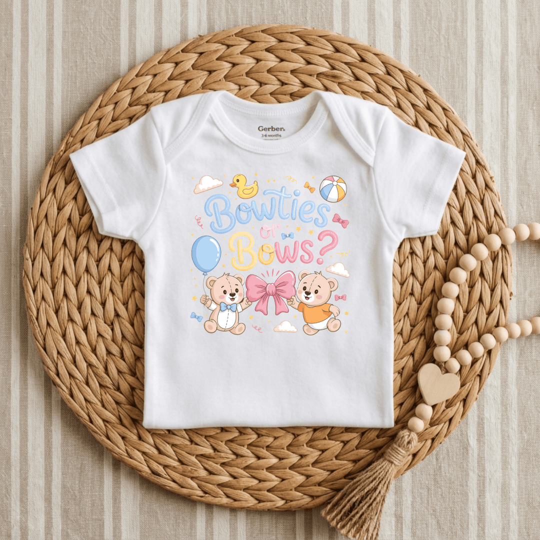 Bowties or Bows Teddy Bear Gender Reveal Baby Onesie® | Cute Baby Gift - Okum Tees
