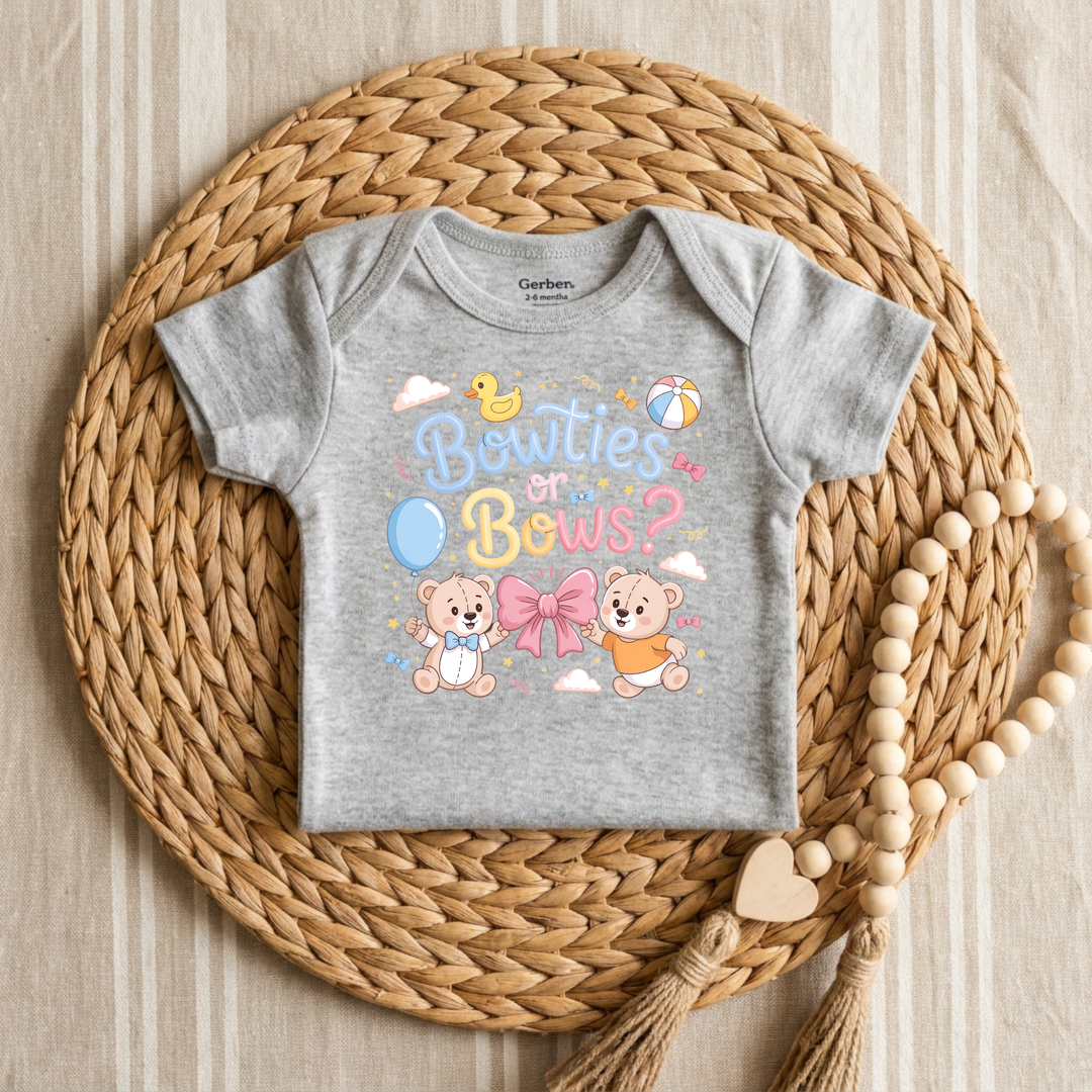 Bowties or Bows Teddy Bear Gender Reveal Baby Onesie® in Grey — Okum Tees