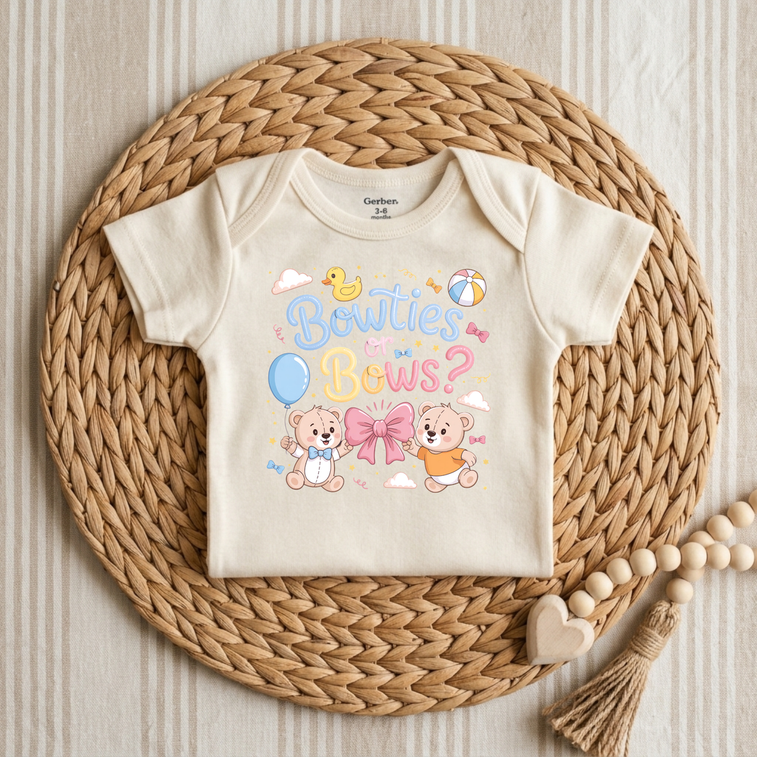 Bowties or Bows Teddy Bear Gender Reveal Baby Onesie® in Natural — Okum Tees