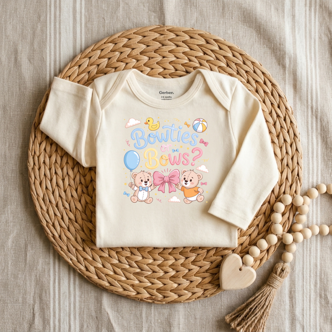 Bowties or Bows Teddy Bear Gender Reveal Baby Onesie® in Natural — Okum Tees