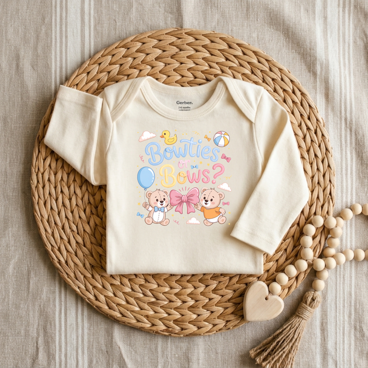 Bowties or Bows Teddy Bear Gender Reveal Baby Onesie® in Natural — Okum Tees