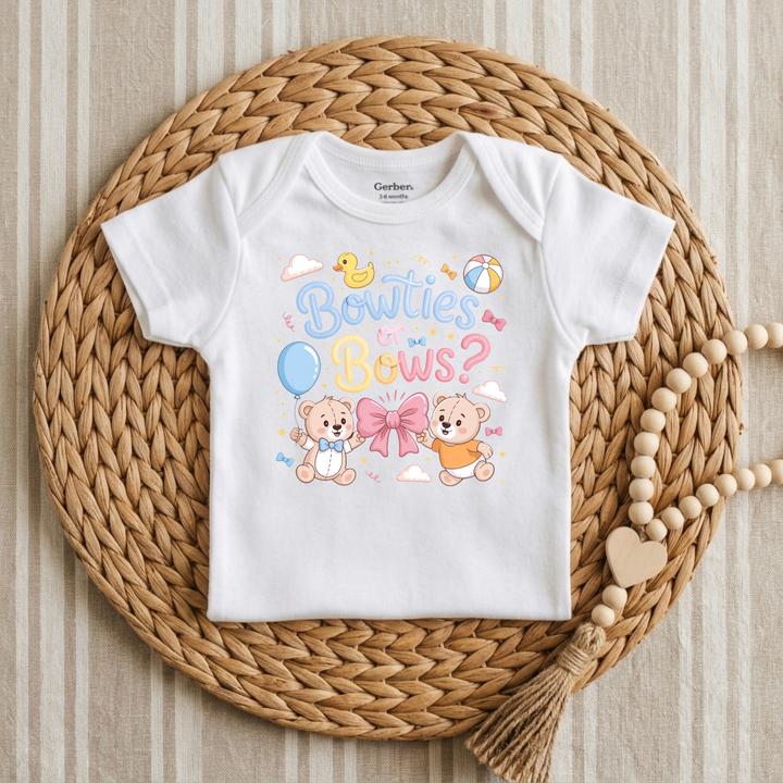 Bowties or Bows Teddy Bear Gender Reveal Baby Onesie® in White — Okum Tees