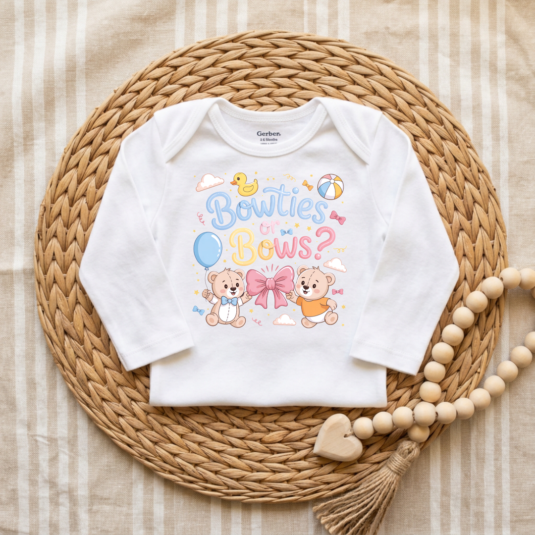 Bowties or Bows Teddy Bear Gender Reveal Baby Onesie® in White — Okum Tees