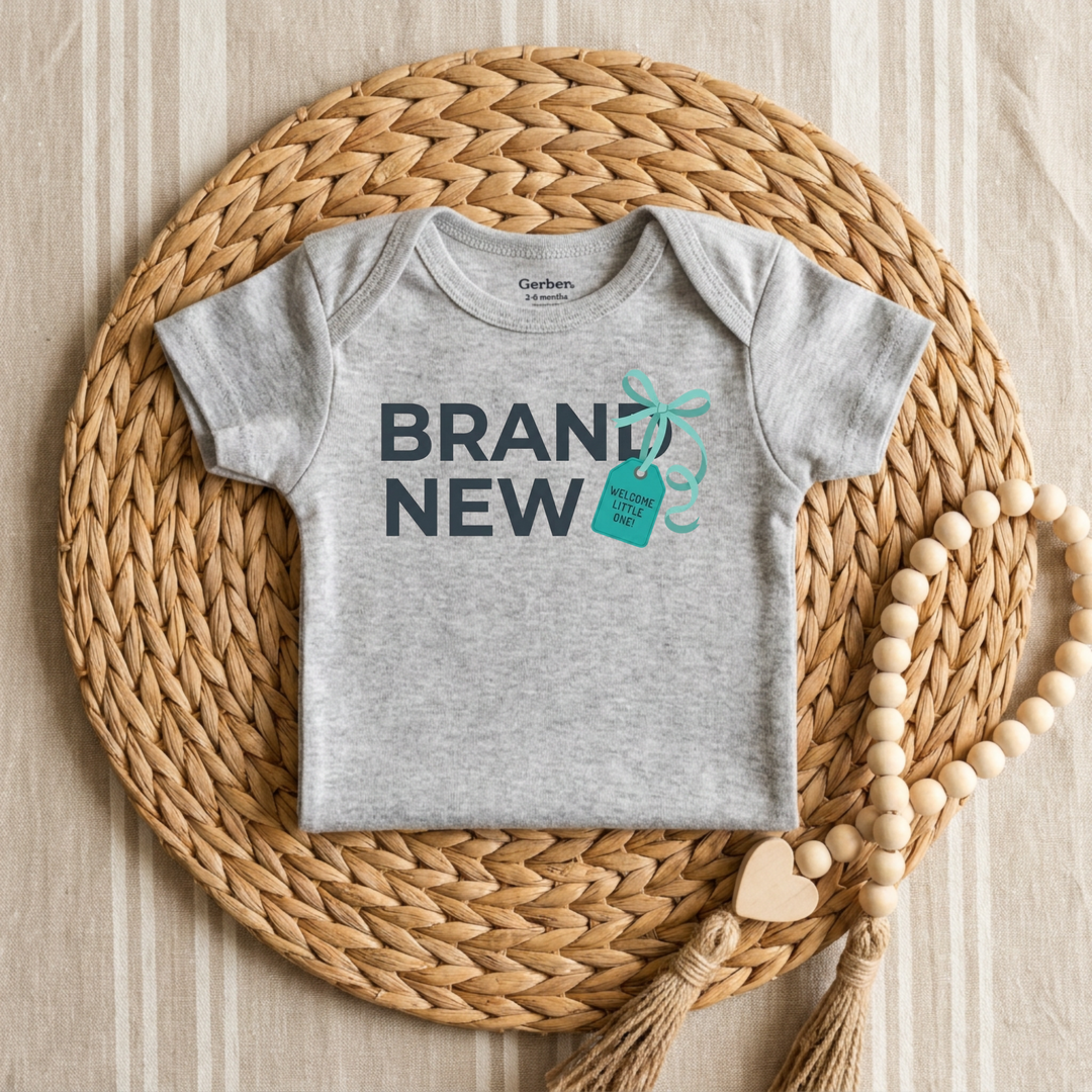 Brand New Baby Gift Tag Baby Onesie® in Grey — Okum Tees
