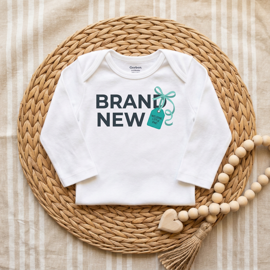 Brand New Baby Gift Tag Baby Onesie® in White — Okum Tees