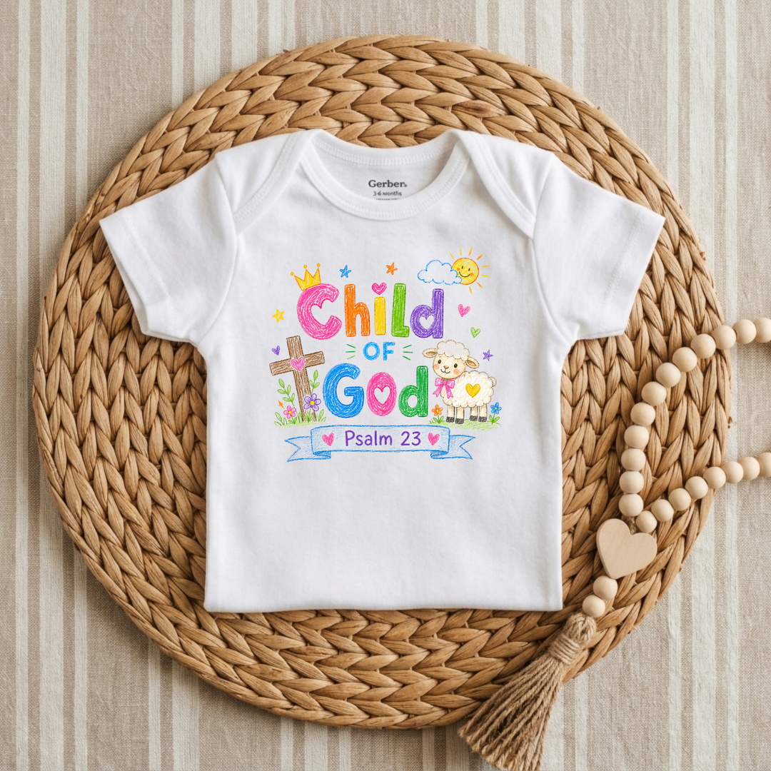 Child of God Crayon Lamb &amp; Crown Baby Onesie® in White — Okum Tees