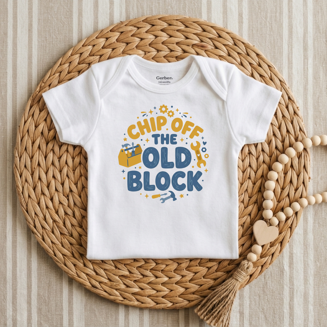 Chip Off The Old Block Toolbox Baby Onesie® in White — Okum Tees