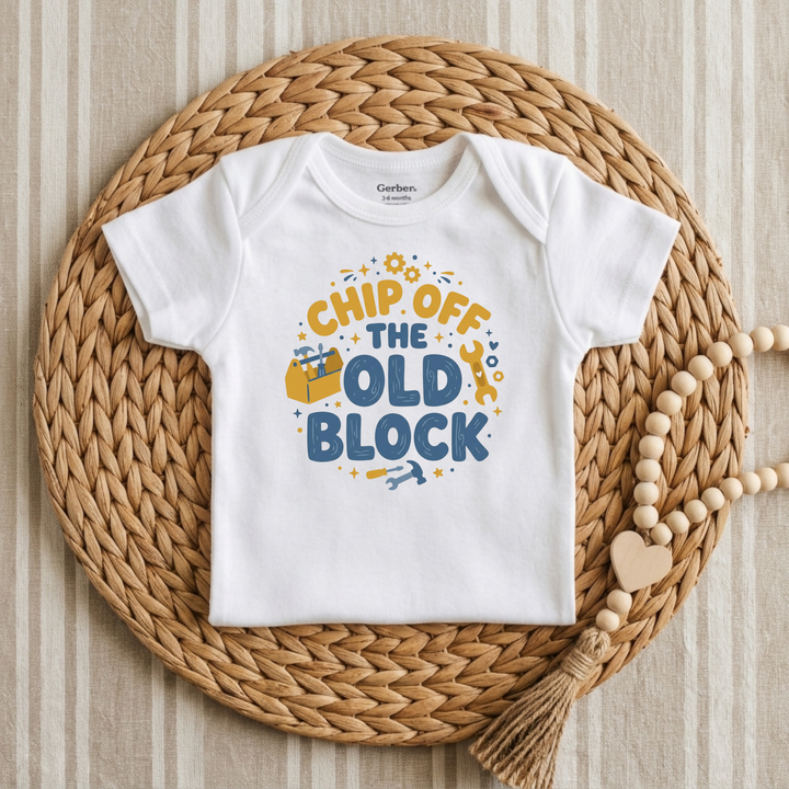 Chip Off The Old Block Toolbox Baby Onesie® in White — Okum Tees