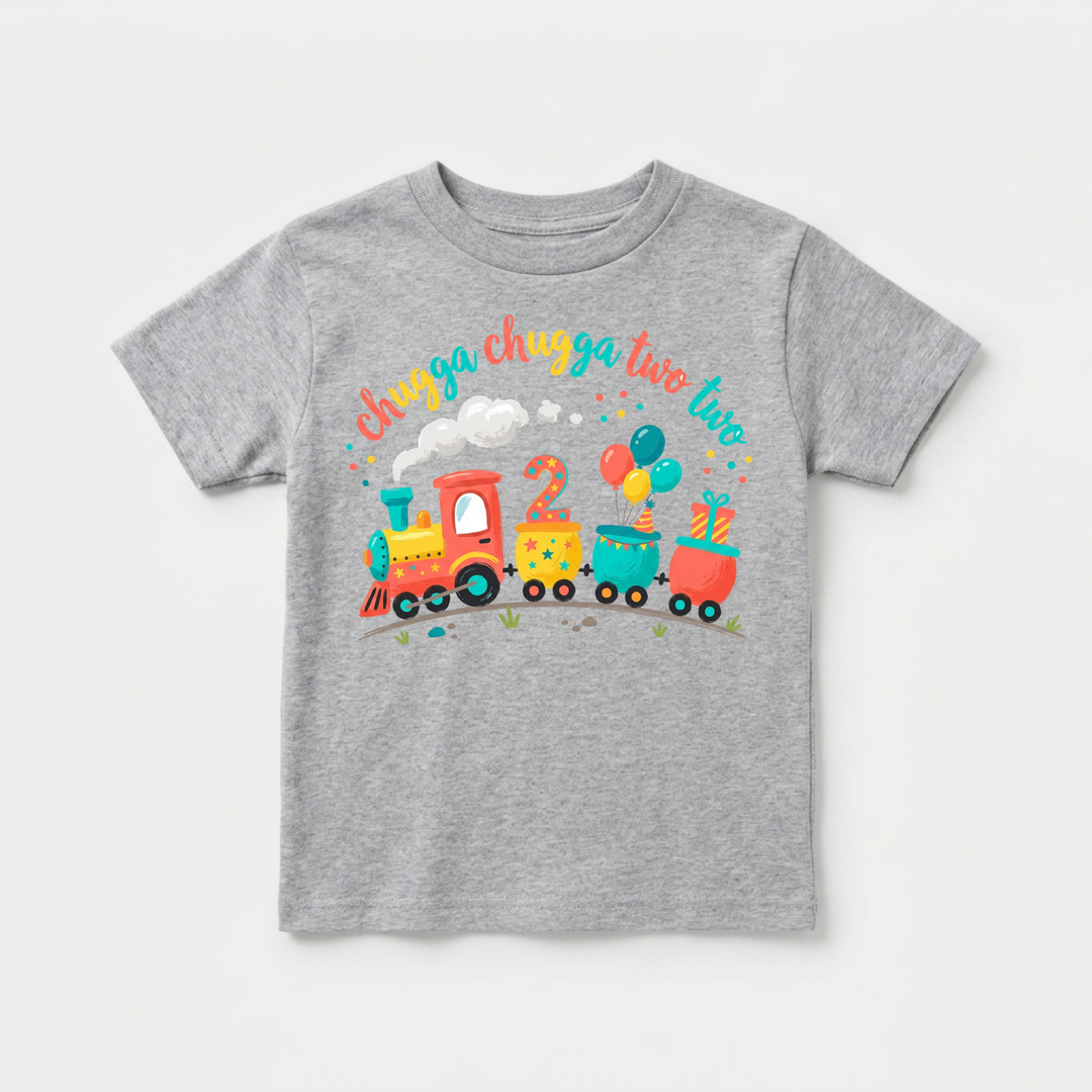 Chugga Chugga Two Two Birthday Train Toddler Tee in Grey — Okum Tees