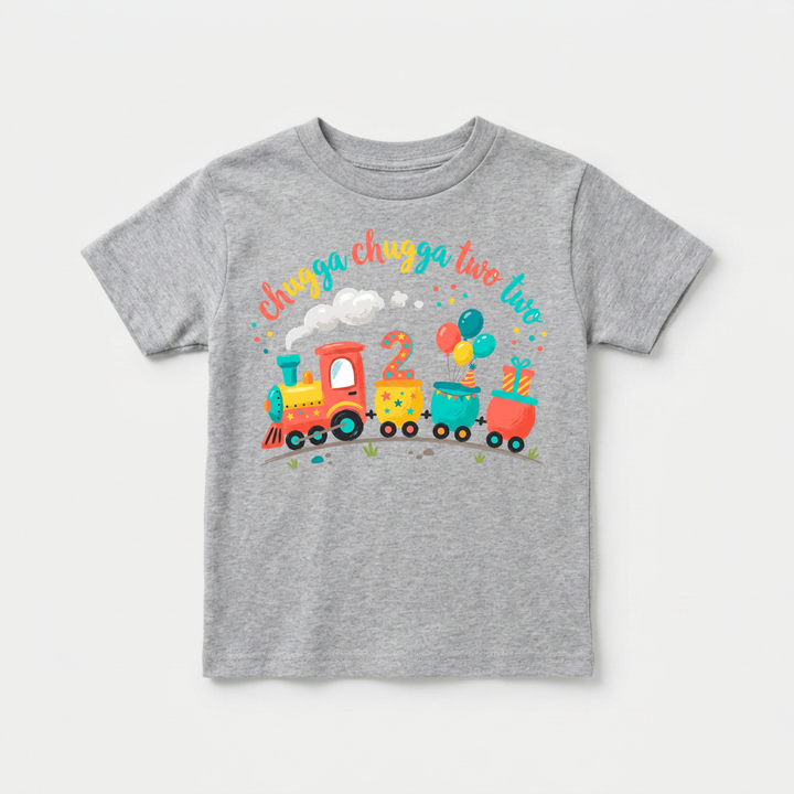 Chugga Chugga Two Two Birthday Train Toddler Tee in Grey — Okum Tees