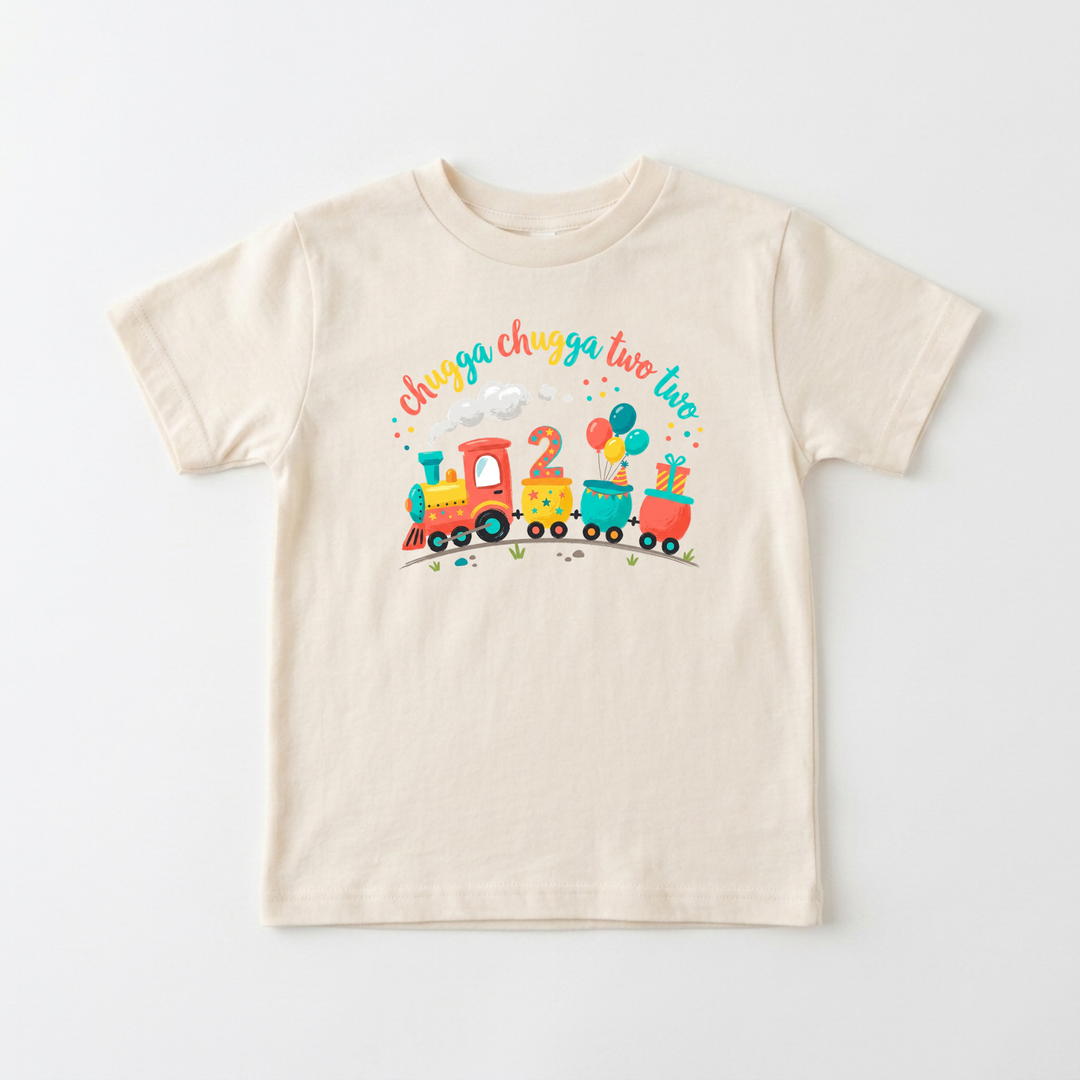 Chugga Chugga Two Two Birthday Train Toddler Tee in Natural — Okum Tees
