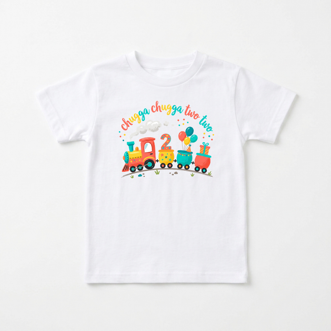 Chugga Chugga Two Two Birthday Train Toddler Tee in White — Okum Tees