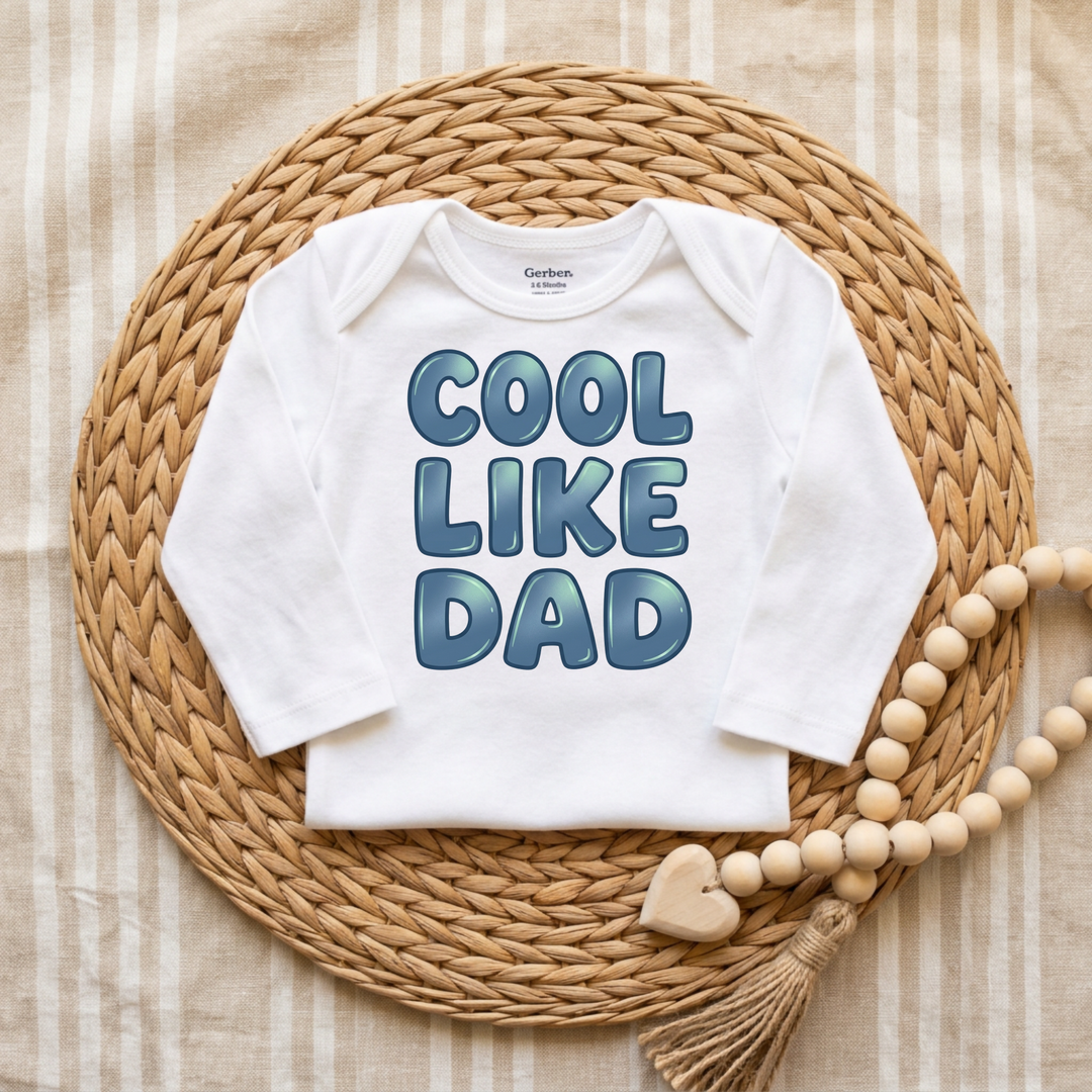 Cool Like Dad Bubble Letters Baby Onesie® in White — Okum Tees