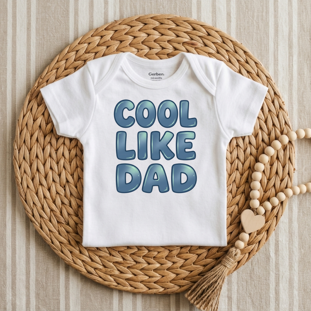 Cool Like Dad Bubble Letters Baby Onesie® in White — Okum Tees