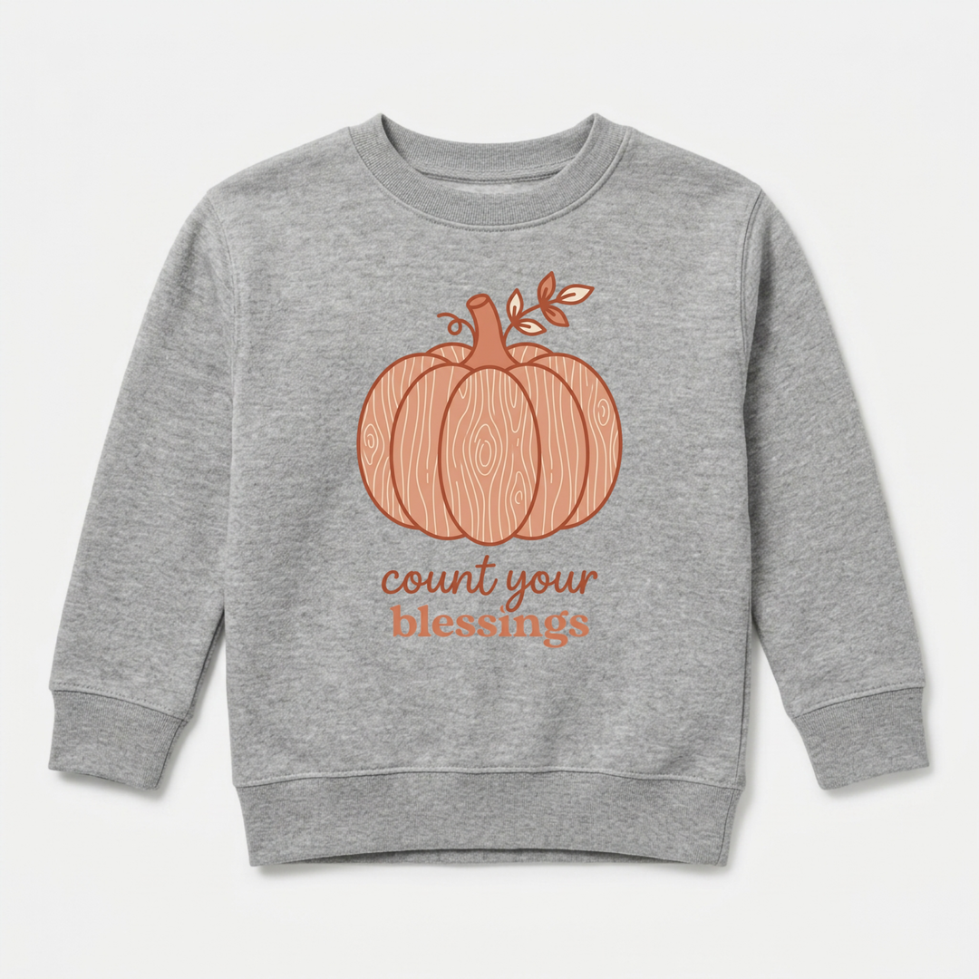 Count Your Blessings Wood Grain Pumpkin Youth Sweatshirt in Grey — Okum Tees
