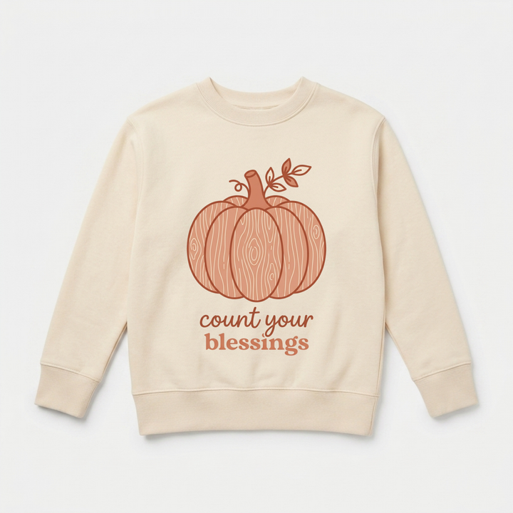 Count Your Blessings Wood Grain Pumpkin Youth Sweatshirt in Natural — Okum Tees