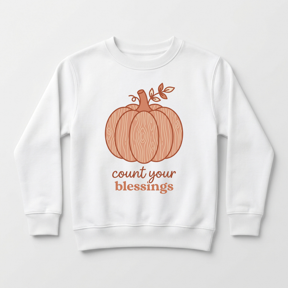 Count Your Blessings Wood Grain Pumpkin Youth Sweatshirt in White — Okum Tees