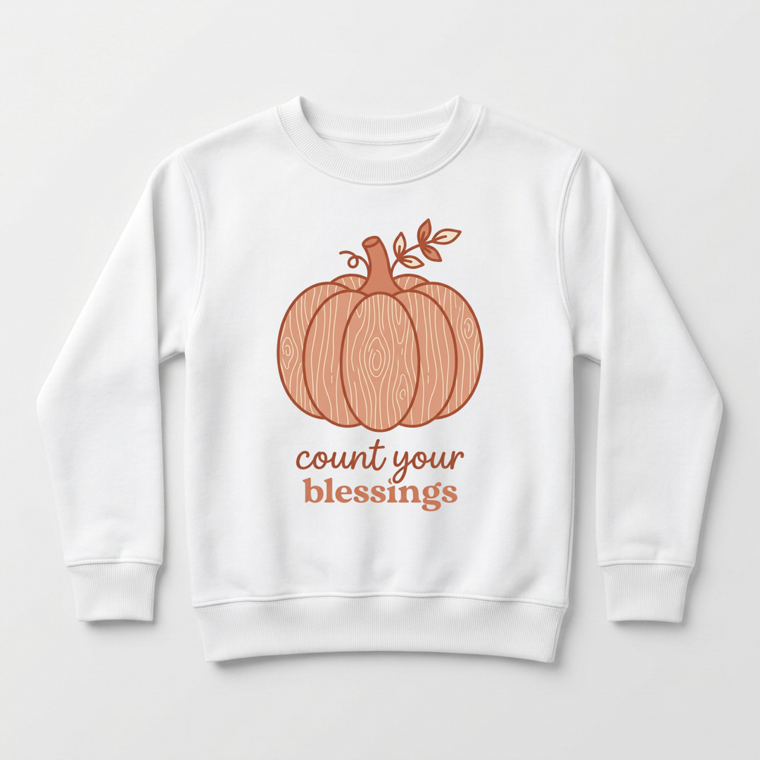 Count Your Blessings Wood Grain Pumpkin Youth Sweatshirt in White — Okum Tees