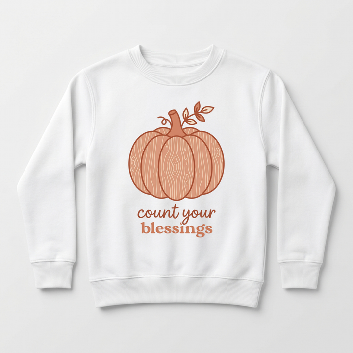 Count Your Blessings Wood Grain Pumpkin Youth Sweatshirt in White — Okum Tees