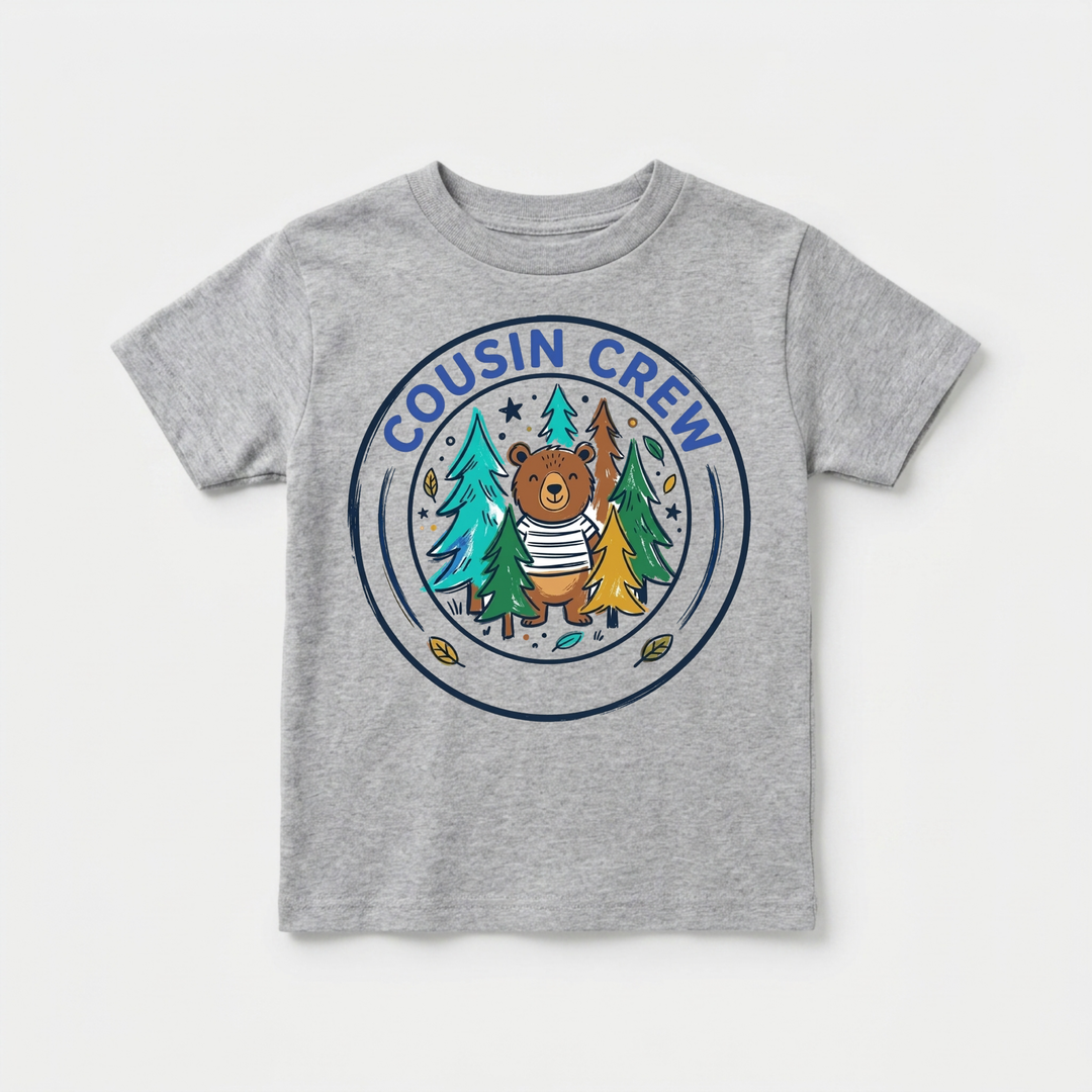 Cousin Crew Woodland Bear Badge Toddler Tee in Grey — Okum Tees