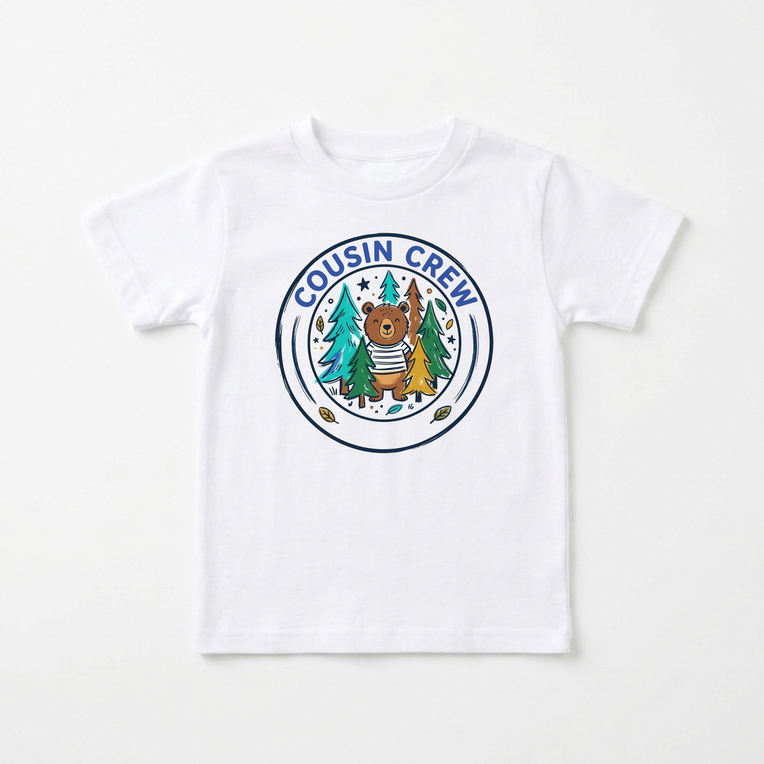 Cousin Crew Woodland Bear Badge Toddler Tee in White — Okum Tees
