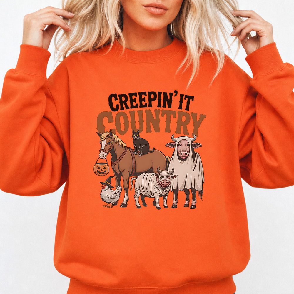 Creepin' It Country Halloween Sweatshirt in Orange — Okum Tees
