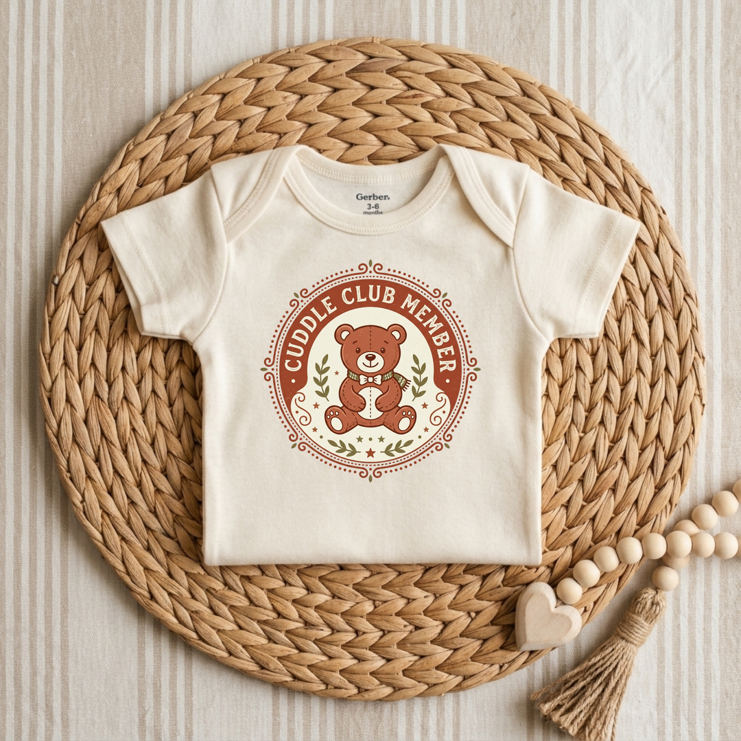 Cuddle Club Teddy Bear Badge Baby Onesie® in Natural — Okum Tees