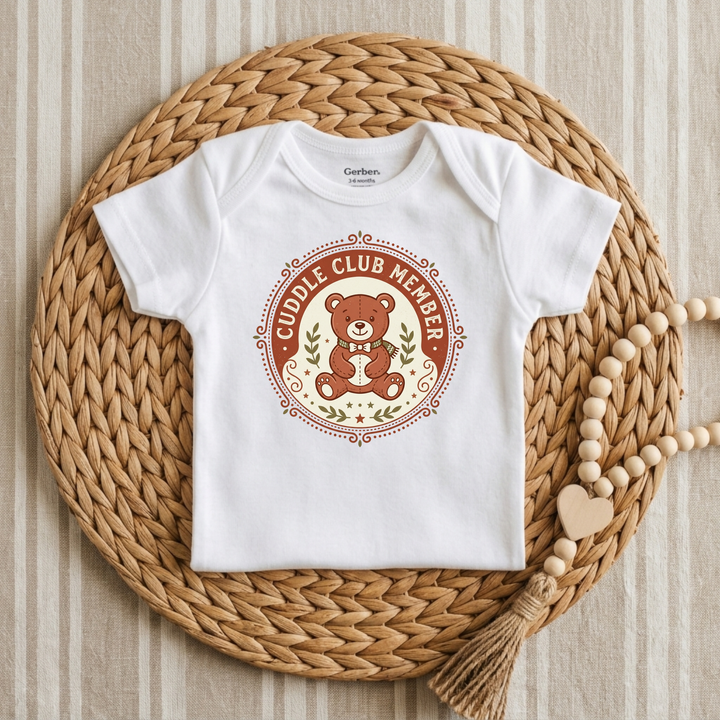 Cuddle Club Teddy Bear Badge Baby Onesie® in White — Okum Tees