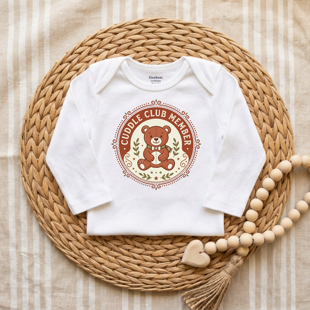 Cuddle Club Teddy Bear Badge Baby Onesie® in White — Okum Tees