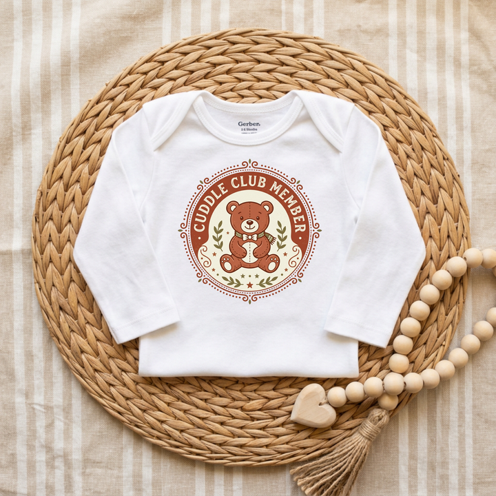 Cuddle Club Teddy Bear Badge Baby Onesie® in White — Okum Tees