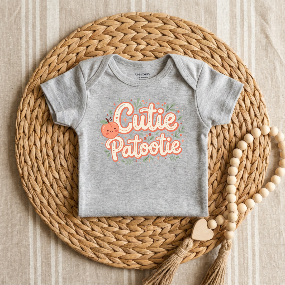 Cutie Patootie Peach Baby Onesie® in Grey — Okum Tees