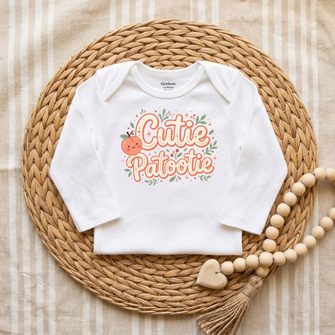 Cutie Patootie Peach Baby Onesie® in White — Okum Tees