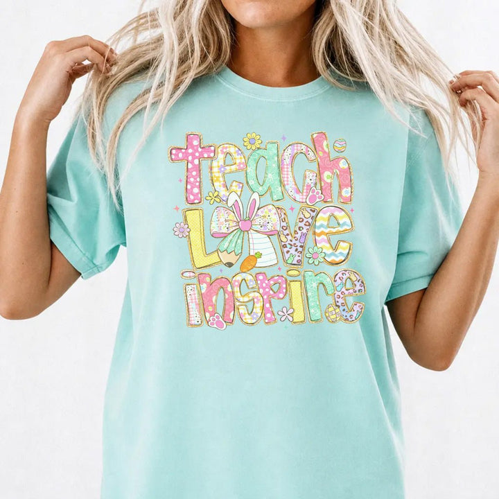 Easter Teacher Shirt: Bunny Patchwork Style Top - Chalky Mint - Okum Tees - T-Shirt