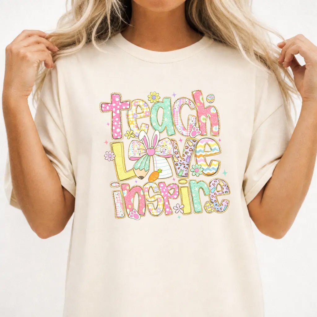 Easter Teacher Shirt: Bunny Patchwork Style Top - Ivory - Okum Tees - T-Shirt