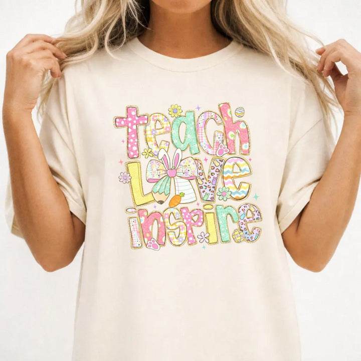 Easter Teacher Shirt: Bunny Patchwork Style Top - Ivory - Okum Tees - T-Shirt