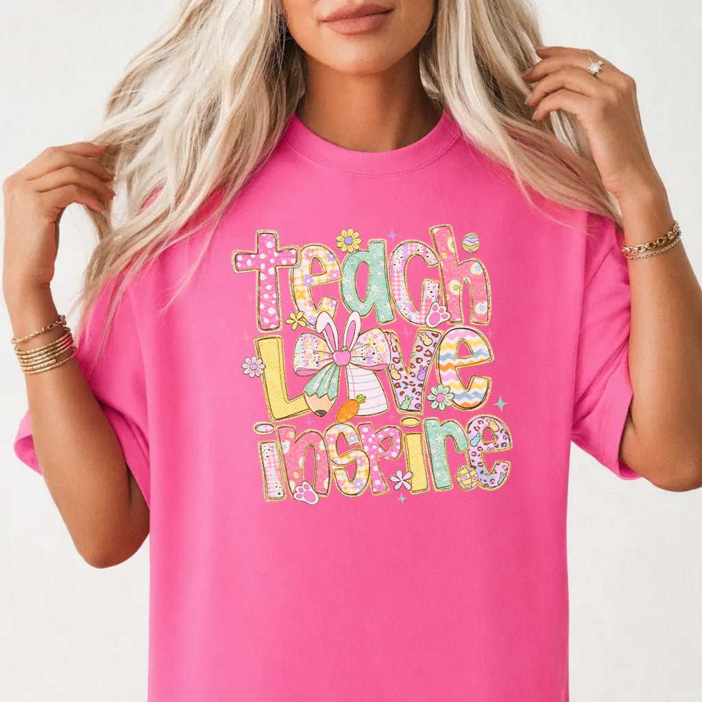 Easter Teacher Shirt: Bunny Patchwork Style Top - Neon Pink - Okum Tees - T-Shirt