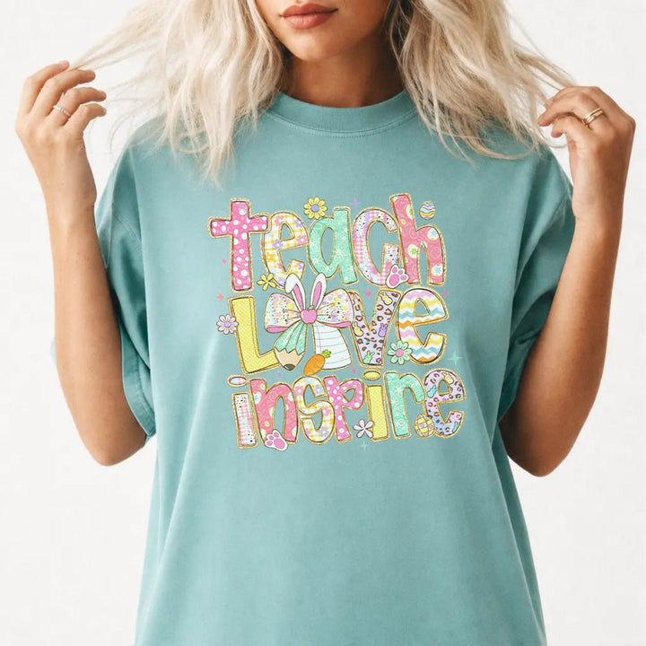 Easter Teacher Shirt: Bunny Patchwork Style Top - Seafoam - Okum Tees - T-Shirt