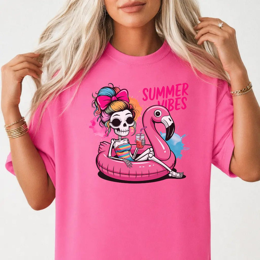Flamingo Pool Float Skeleton Women's Graphic Tee - Okum Tees
