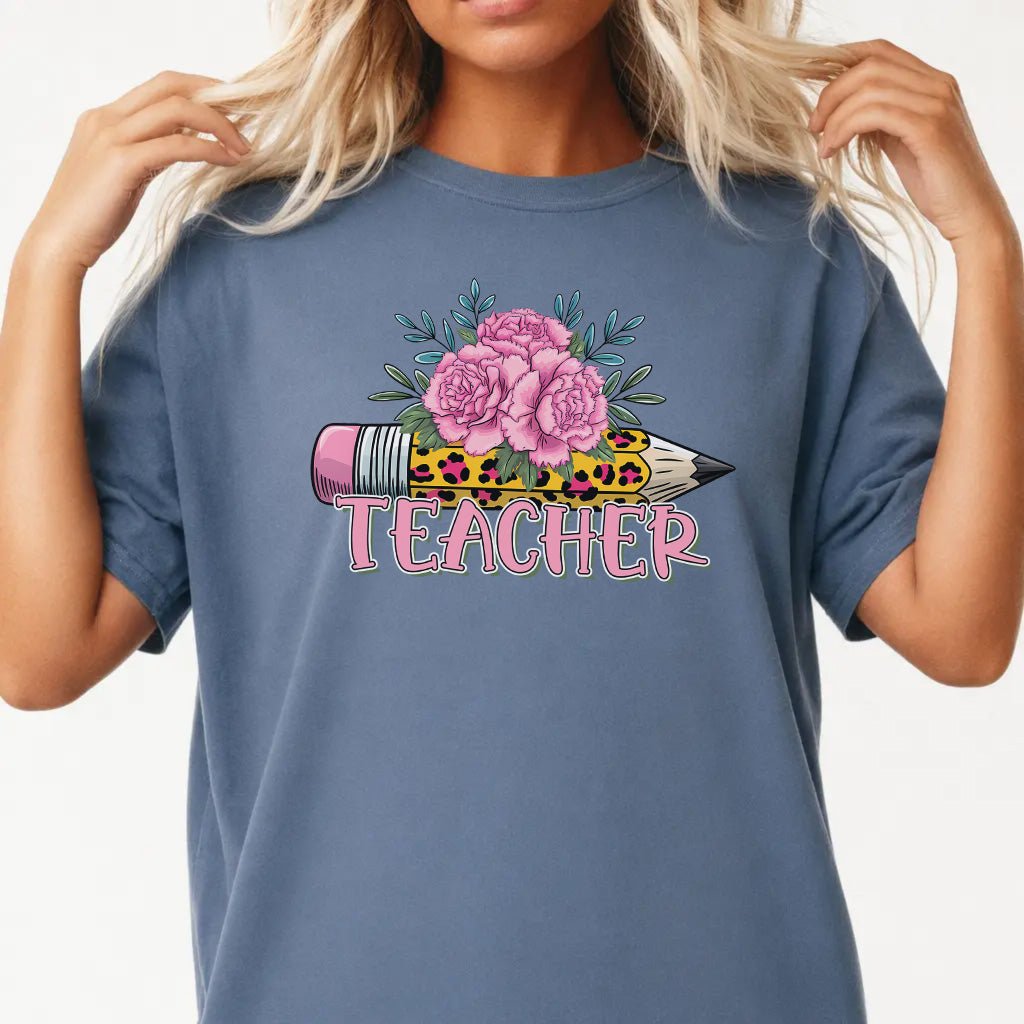 Leopard Print Pencil &amp; Pink Peony Teacher Shirt - Blue Jean - T-Shirt - Okum Tees
