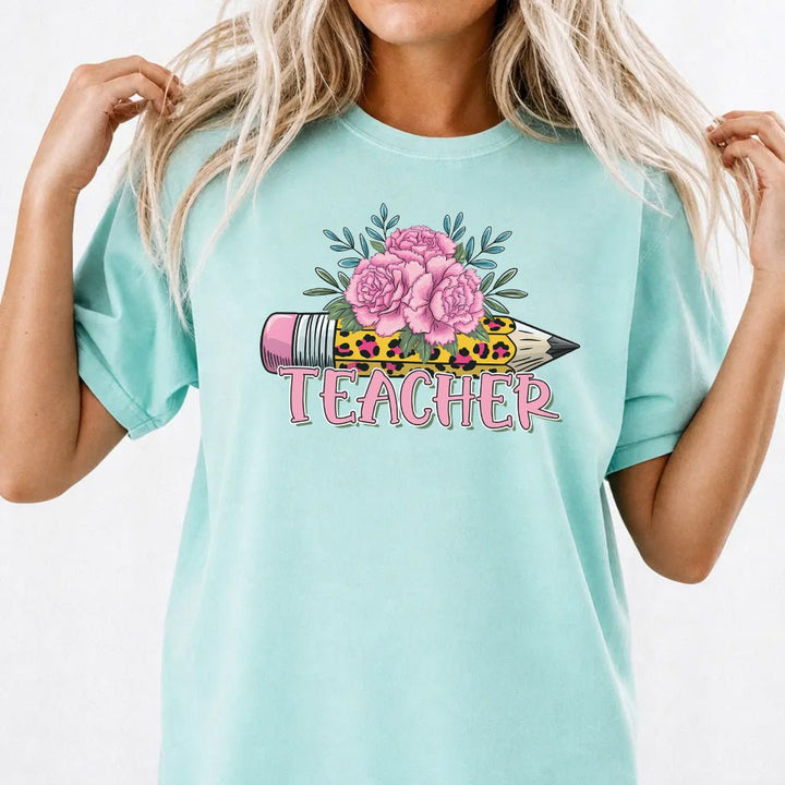 Leopard Print Pencil &amp; Pink Peony Teacher Shirt - Chalky Mint - T-Shirt - Okum Tees