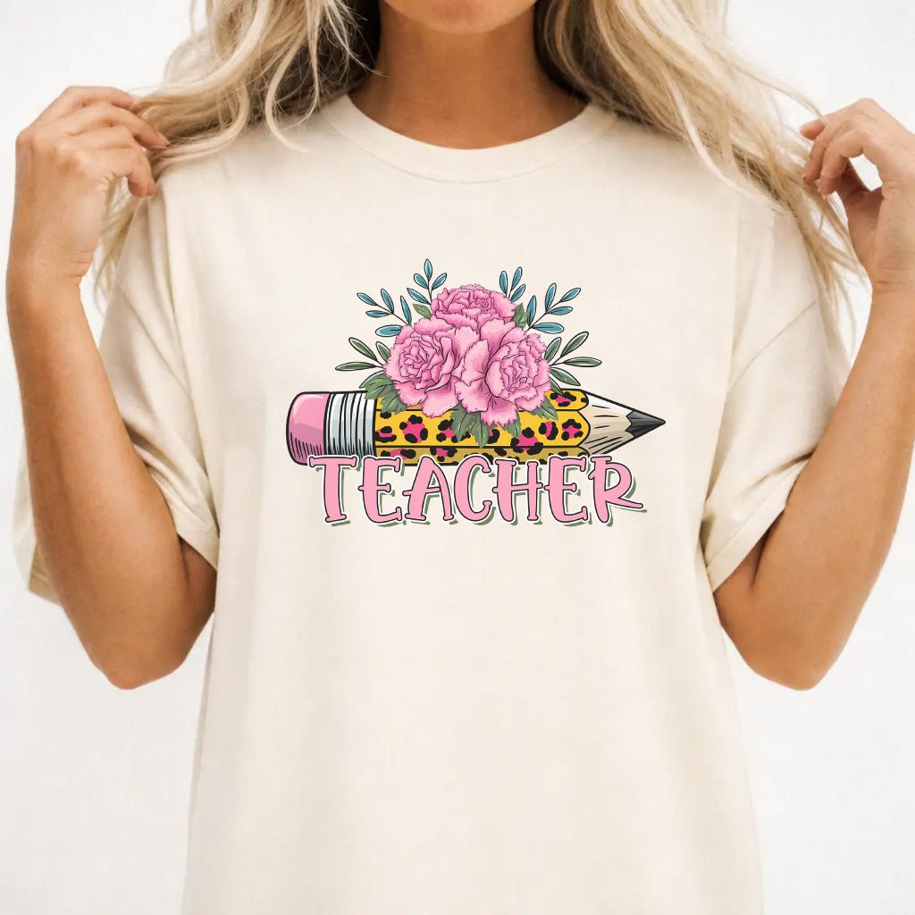 Leopard Print Pencil &amp; Pink Peony Teacher Shirt - Ivory - T-Shirt - Okum Tees