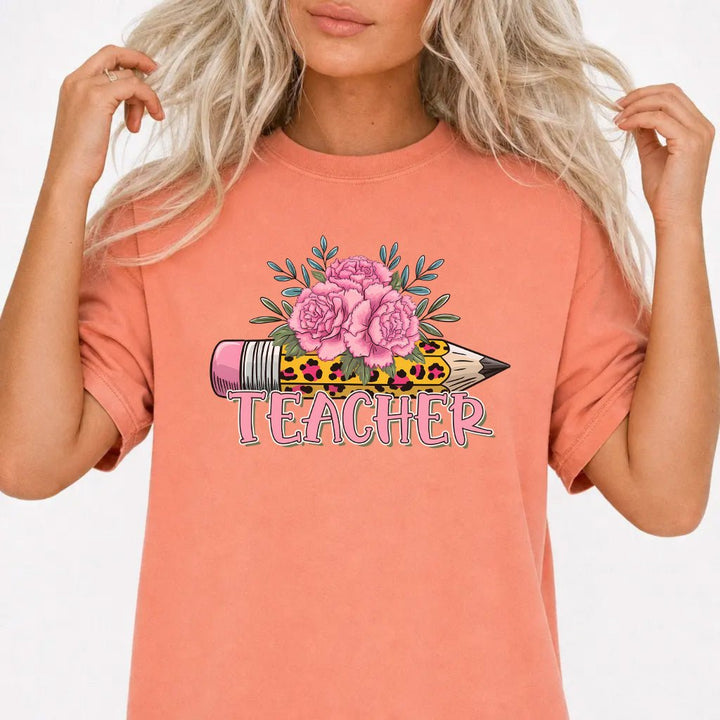 Leopard Print Pencil &amp; Pink Peony Teacher Shirt - Terracotta - T-Shirt - Okum Tees