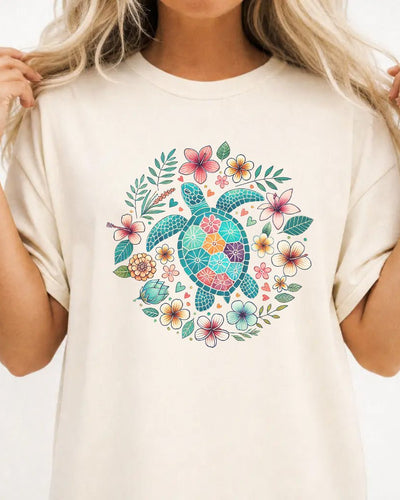 Floral Sea Turtle Coastal Women's Graphic Tee