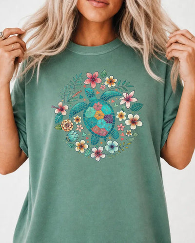 Floral Sea Turtle Coastal Women's Graphic Tee