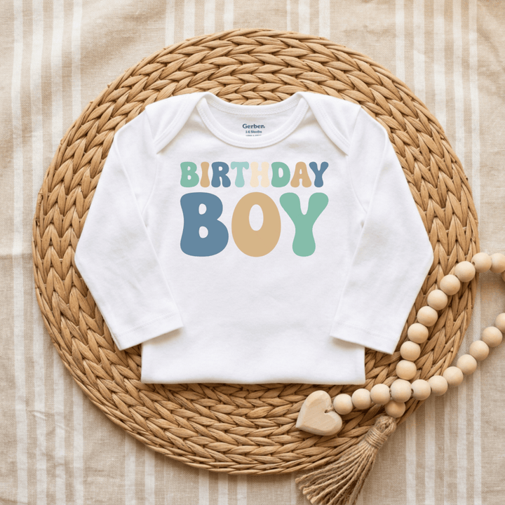 Retro Birthday Boy Bubble Letters Baby Onesie® | Boys Outfit - Okum Tees