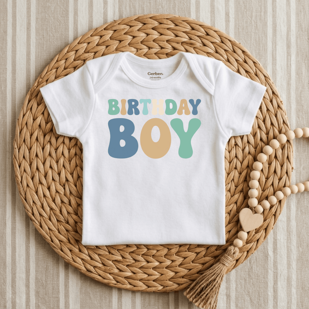 Retro Birthday Boy Bubble Letters Baby Onesie® | Boys Outfit - Okum Tees